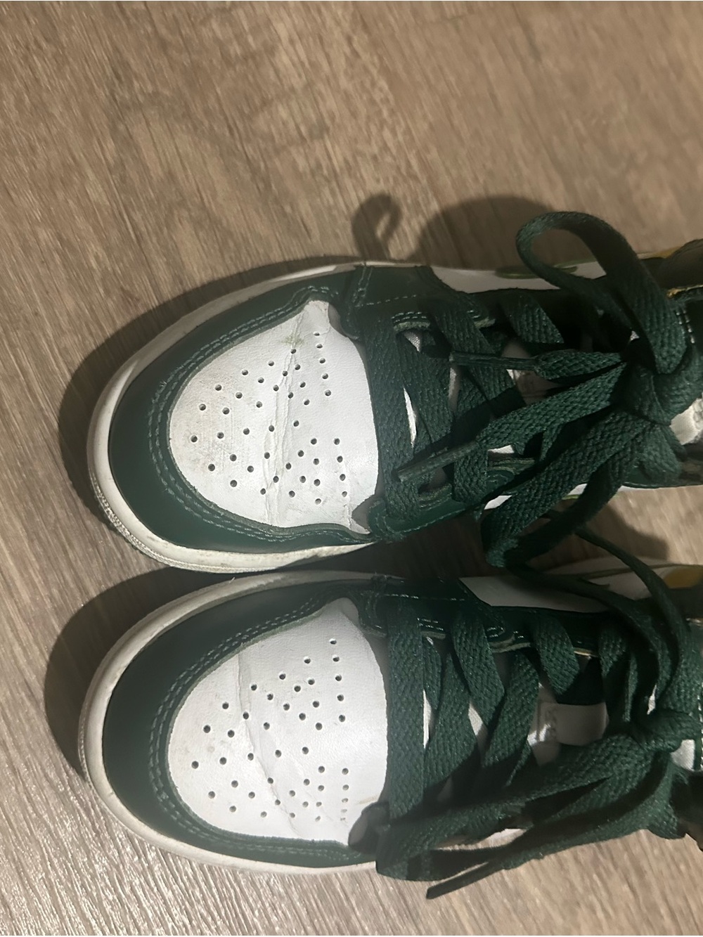 Boys Jordans White and Dark Green and yellow Lace-Up Sneakers